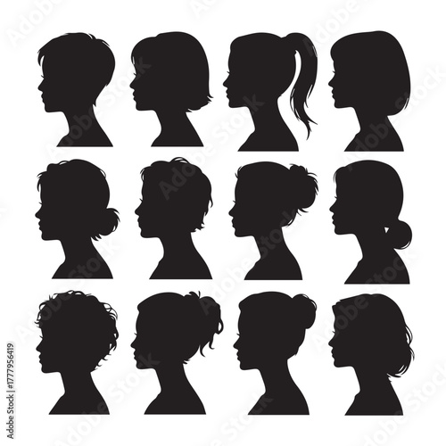 Collection of woman silhouette portraits isolated on white background