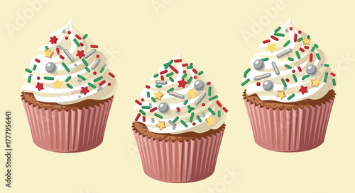 Festive cupcakes with cream frosting and colorful sprinkles on pastel background