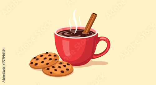 Warm mug of hot chocolate with cinnamon and cookies on beige background