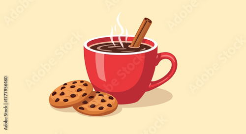 Warm cinnamon hot chocolate with cookies on beige background