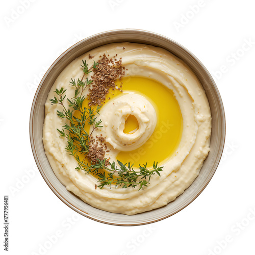 Creamy Hummus Topped With Olive Oil and Herbs in a Decorative Bowl