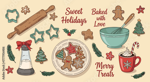 Festive baking elements with gingerbread and holiday decor