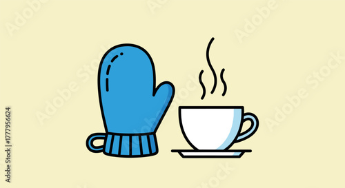 Cozy winter blue mitten and steaming cup of coffee in flat style