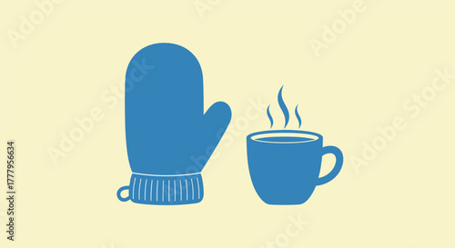 Cozy winter vibes blue mitten and steaming hot drink icon on cream background