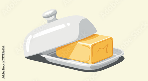 Butter dish with lid in flat style on soft background for kitchen decor