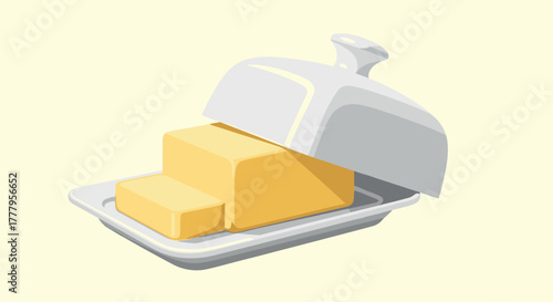 Butter in a dish with cover 3d styled yellow cubes on white tray