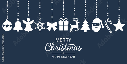 Merry Christmas and Happy New Year Banner with White Hanging Ornaments, Icons, and Festive Elements on a Dark Blue Background