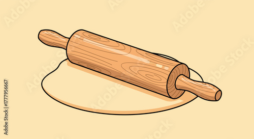 Wooden rolling pin on dough  essential baking tool in kitchen