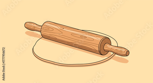 Rustic wooden rolling pin on dough surface in flat design