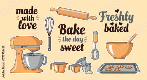 Charming baking utensils and sweet quotes in playful cartoon style
