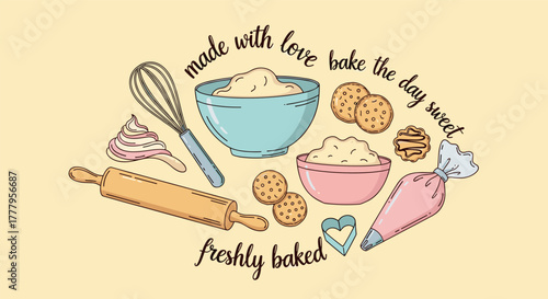 Whimsical baking elements whisks, bowls, and sweet treats