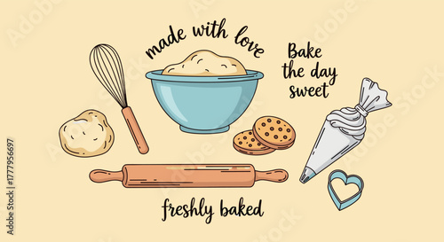 Charming baking elements with whisk, dough, and rolling pin in hand drawn style