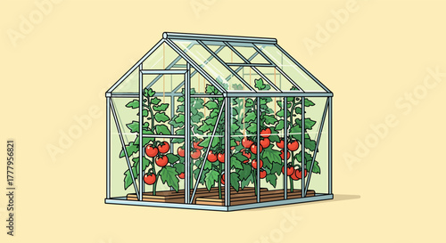 Greenhouse with tomato plants detailed cartoon style on a soft yellow background