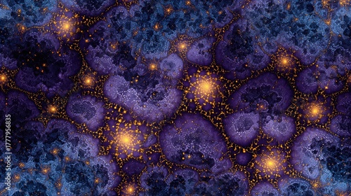  fractal seamless pattern of vibrant purple and blue with golden highlights creating an intricate tile design suitable for various backgrounds and textiles