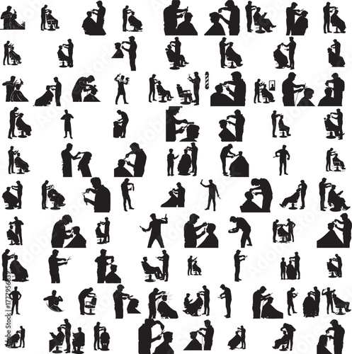 Silhouette of a barber cutting hair isolated on white background