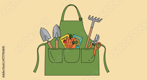 Gardening tools in apron with seed packets practical and colorful gardening essentials