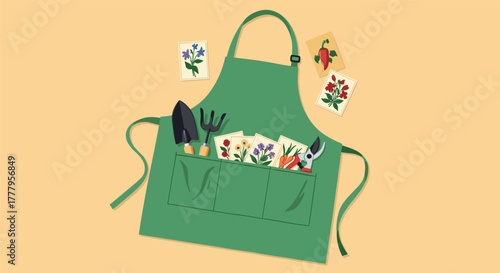 Gardening apron with tools and seeds on beige background