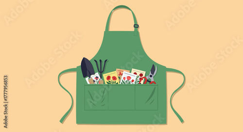 Gardening tools and seeds in green apron on beige background