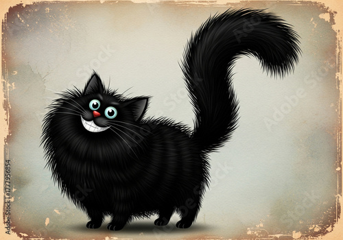 A fluffy black cat with pearly white teeth and a huge, bushy tail, posing with a sly grin.