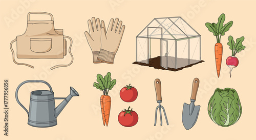 Gardening essentials with greenhouse, vegetables, and tools on beige background