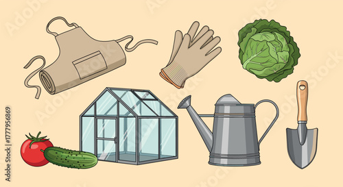 Garden tools and vegetables flat design with greenhouse, watering can, and gloves
