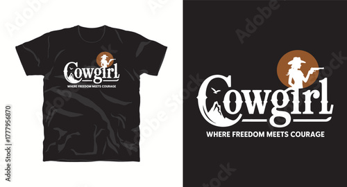 Cowgirl Where Freedom Meets Courage Vector Illustration for T-Shirt Design Cowgirl with Gun Western Design Cowgirl T-Shirt Design Cowgirl Silhouette Cowgirl with Horse Vector