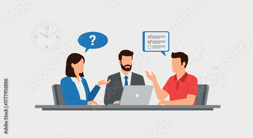 Business meeting discussion with diverse team and tech elements in flat design