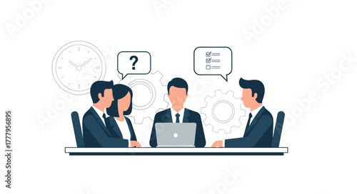 Team collaboration meeting with business icons and speech bubbles