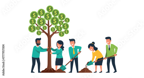 Teamwork planting money tree for financial growth and investment success