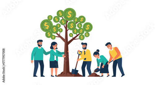 Growing a money tree with teamwork and collaboration concept of financial growth