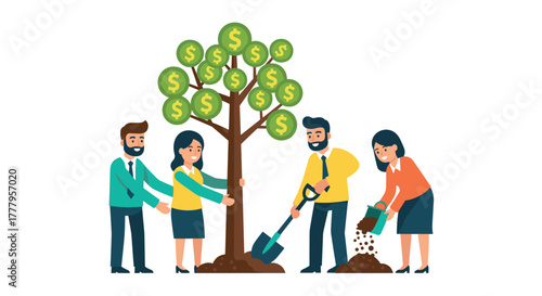 Business team planting money tree for financial growth and success