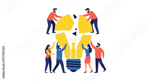 Collaborative teamwork concept with business people assembling a light bulb