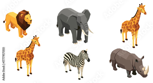 Isometric african animals collection featuring lion, elephant, giraffe, zebra, and rhinoceros