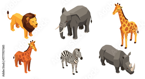 Isometric safari animals lion, elephant, giraffe, zebra, rhino in geometric design