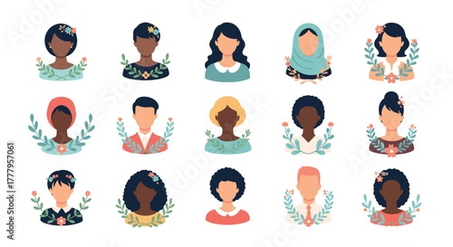 Diverse portrait collection showcasing various cultures and hairstyles in flat design