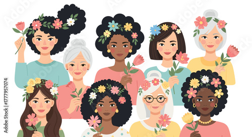 Women celebrating diversity with floral hairpieces in a modern flat style