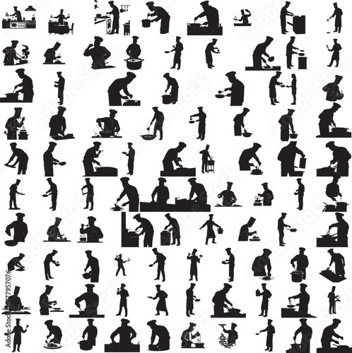 Silhouette of a chef cooking isolated on white background