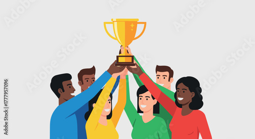 Diverse team celebrating success with trophy in flat design
