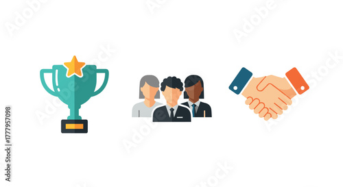 Teamwork and success concept with trophy, team members, and handshake icons