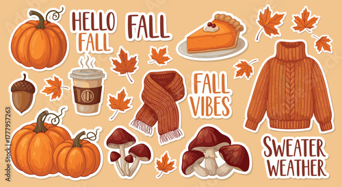 Cozy autumn stickers with pumpkins, sweater, and fall vibes on beige background