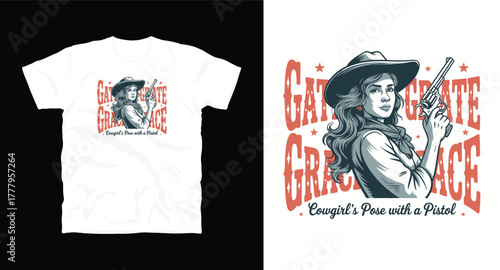 Cowgirl Pose With Pistol on White T Shirt Design Graceful Girl in Hat Holding Gun American Western Style Vintage Illustration Firearm Weapon Protection Vector Template