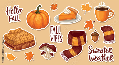 Autumn harvest stickers with warm sweaters, pumpkins, and cozy drinks