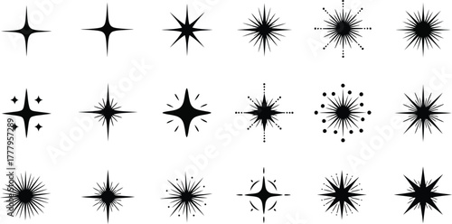 Collection of abstract starbursts and sparkle graphic elements in black on a white background