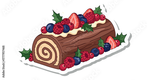 Festive chocolate yule log cake with berries and holly for holiday celebrations