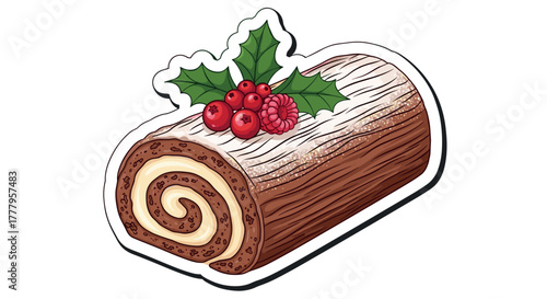 Festive yule log cake with holly and berries on a white background