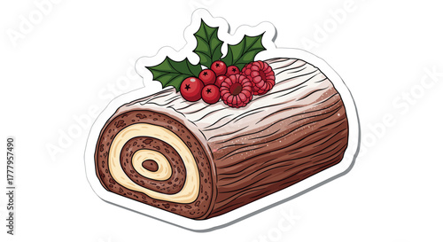 Festive yule log cake with holly and berries sticker design