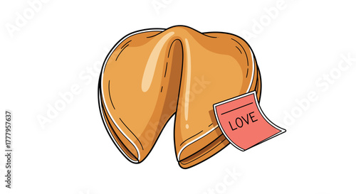 Fortune cookie with love note in cartoon style on white background