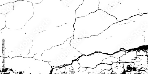 A high-contrast texture of cracked white plaster wall, with deep black fissures forming irregular patterns across the surface, representing aging, decay, and weathered time. 