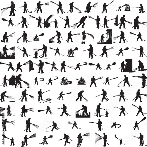 Silhouette of a firefighter spraying water isolated on white background