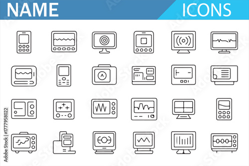Technology outline icons for electronics, data, and dashboard concepts